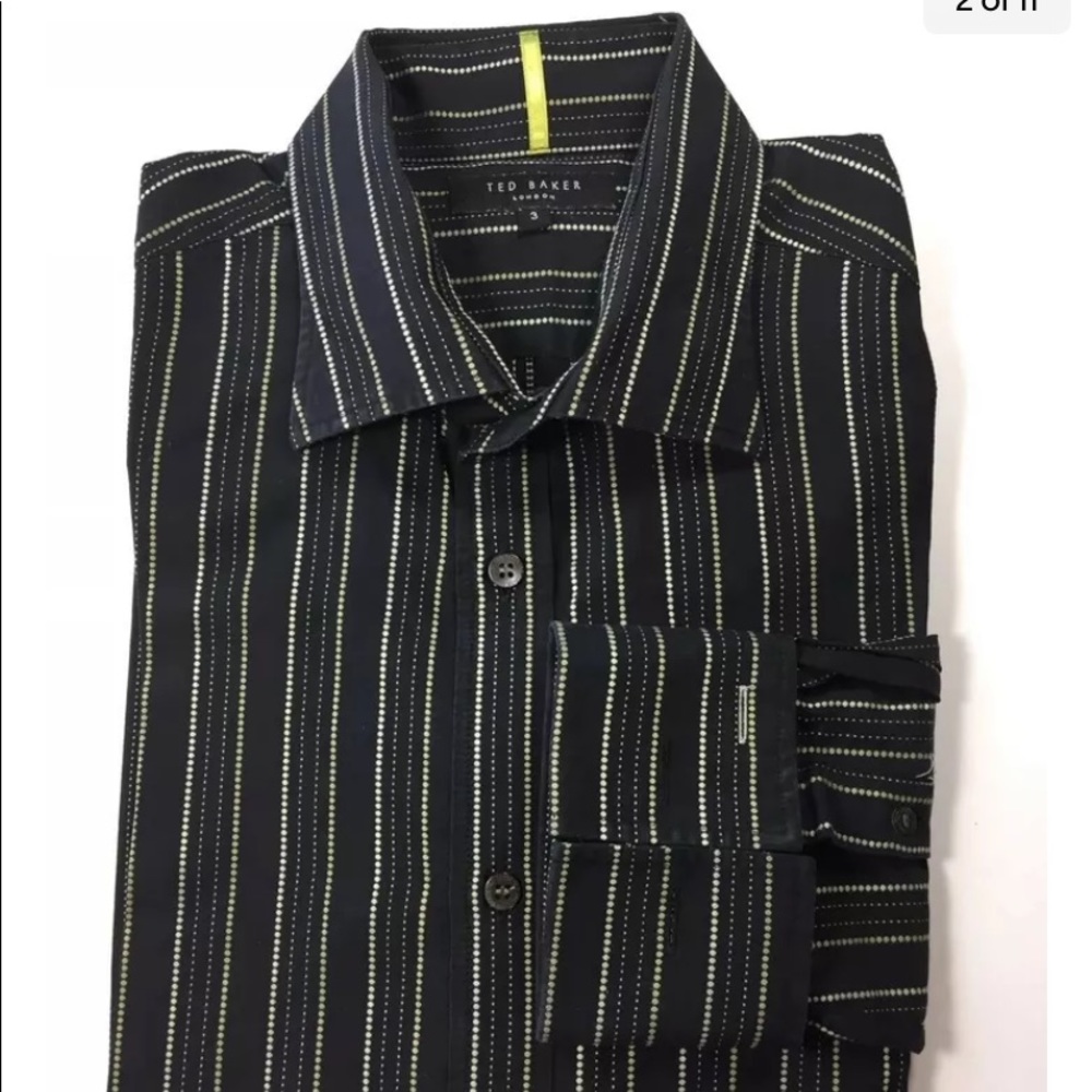 Ted Baker Men Long Sleeve Dress Shirt Black Stripe French Cuff Size 3 Cotton